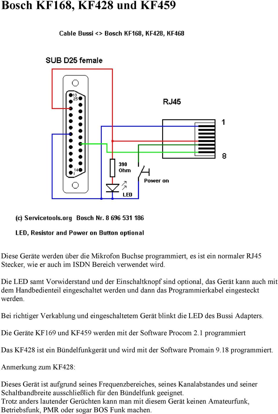 Bei richtiger Verkablung und eingeschaltetem Gerät blinkt die LED des Bussi Adapters. Die Geräte KF169 und KF459 werden mit der Software Procom 2.