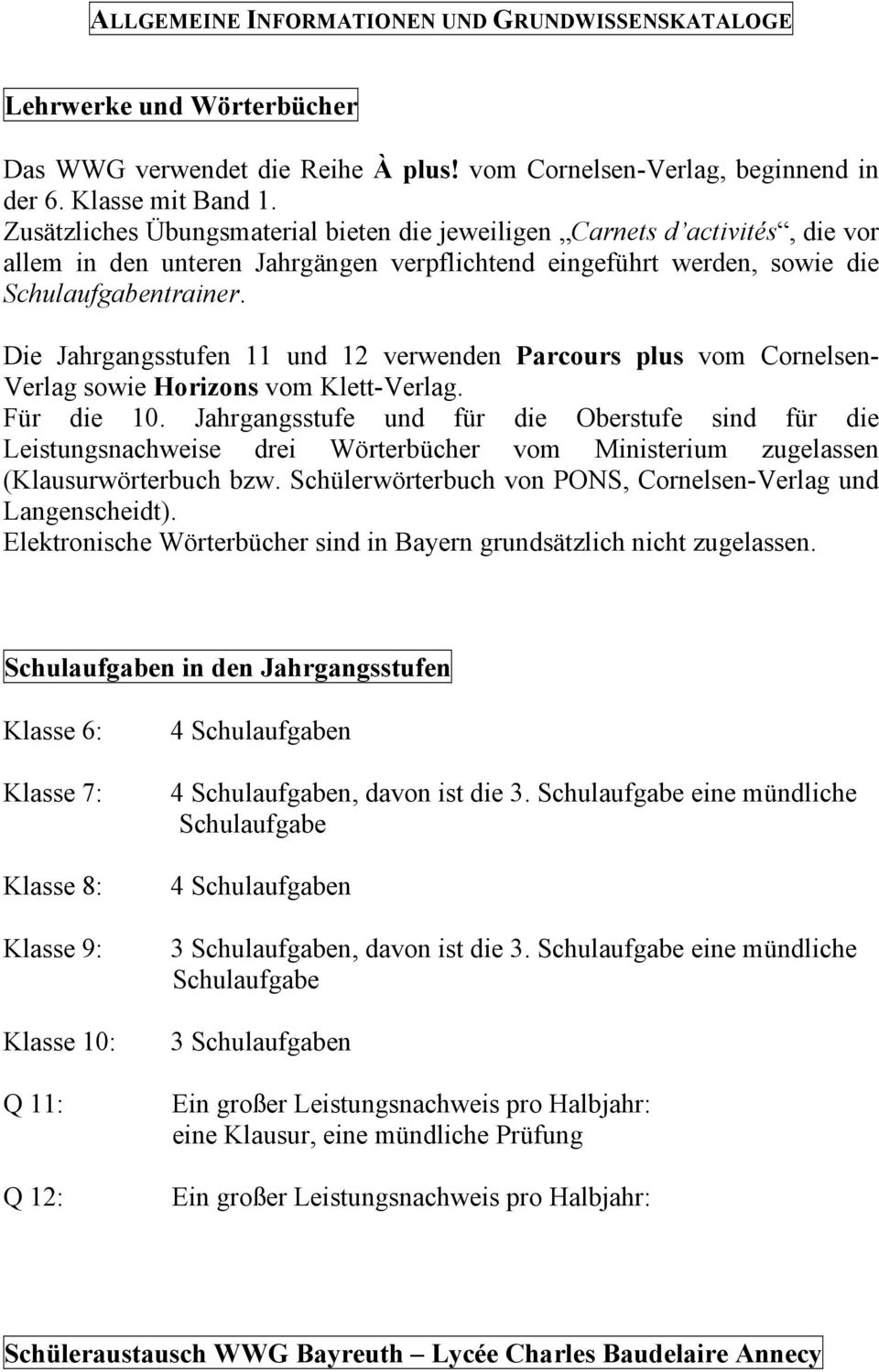 Die Jahrgangsstufen 11 und 12 verwenden Parcours plus vom Cornelsen- Verlag sowie Horizons vom Klett-Verlag. Für die 10.