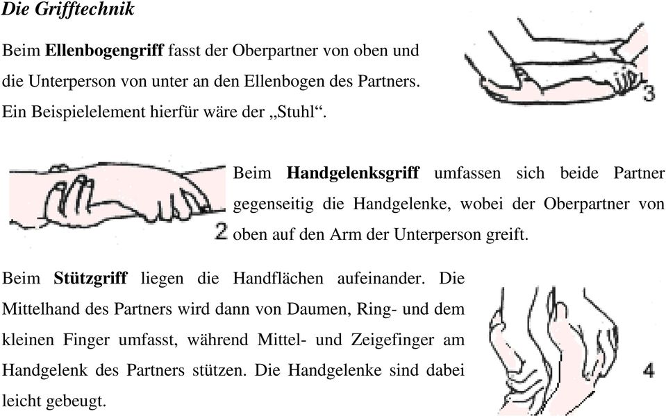 Beim Handgelenksgriff umfassen sich beide Partner gegenseitig die Handgelenke, wobei der Oberpartner von oben auf den Arm der Unterperson