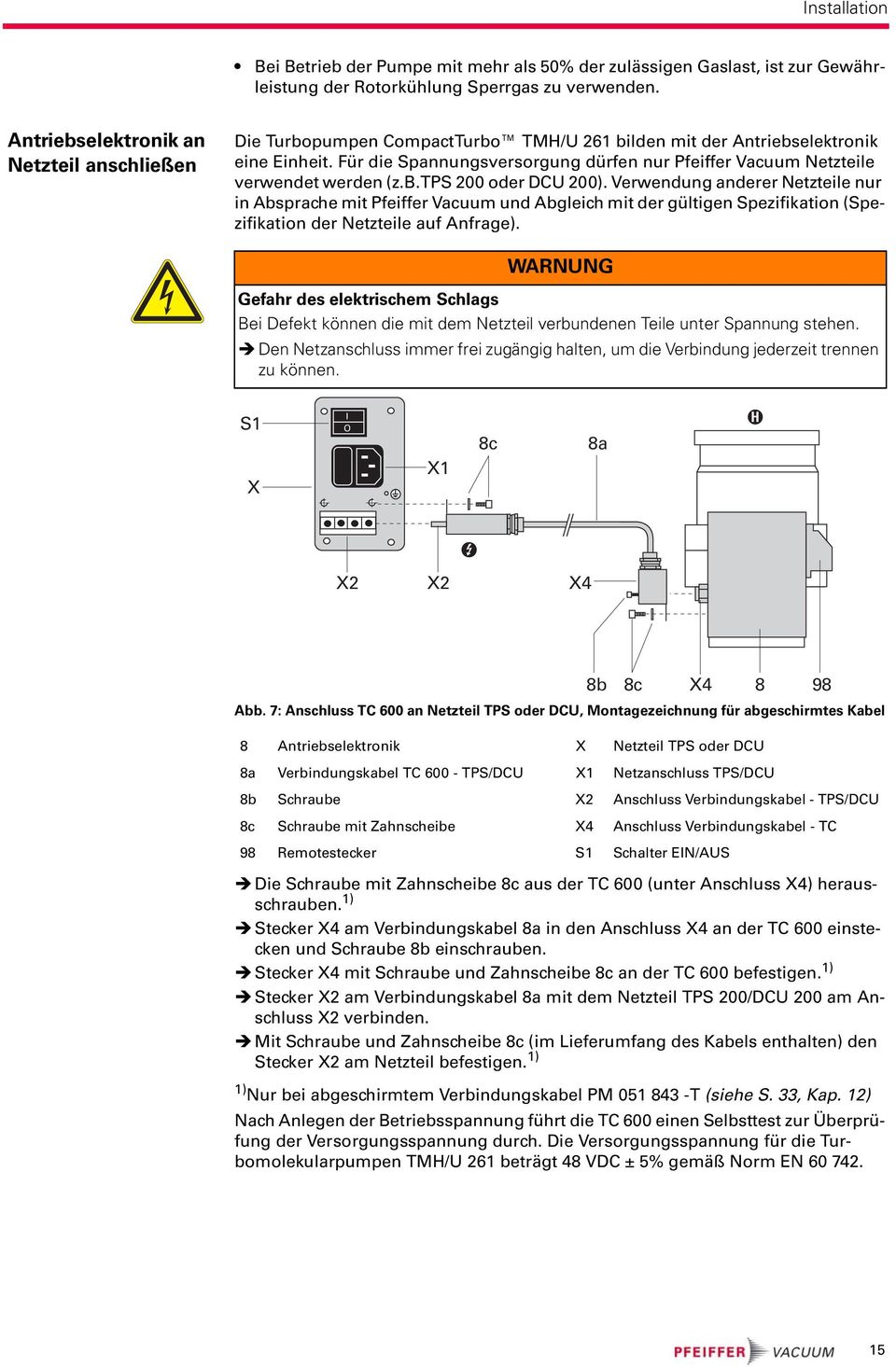 Für die Spannungsversorgung dürfen nur Pfeiffer Vacuum Netzteile verwendet werden (z.b.tps 200 oder DCU 200).