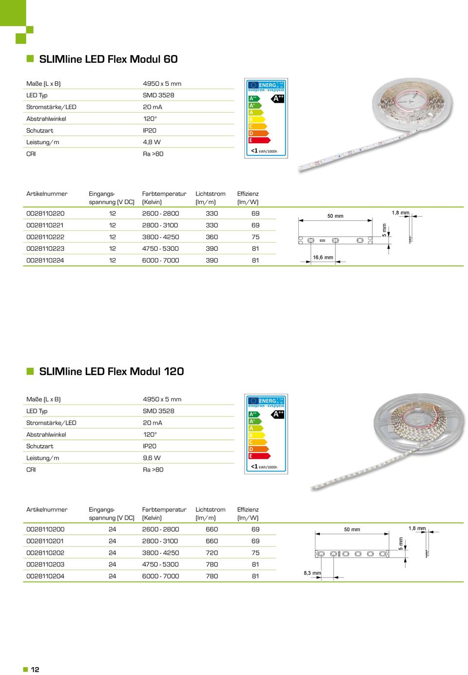 mm SLIMline LED Flex Modul 120 4950 x 5 mm LED Typ SMD 3528 20 ma IP20 9,6 W CRI Ra >80 A + A B C D E <1 kwh/1000h Y IJA IE IA (V DC) Farbtemperatur (Kelvin) Lichtstrom (lm/m) Effizienz