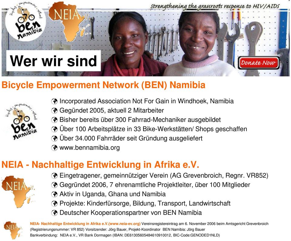 bennamibia.org NEIA - Nachhaltige Entwicklung in Afrika e.v. Eingetragener, gemeinnütziger Verein (AG Grevenbroich, Regnr.