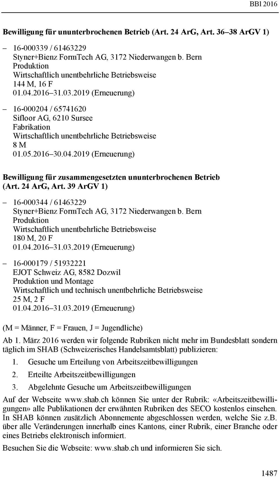 24 ArG, Art. 39 ArGV 1) 16-000344 / 61463229 Styner+Bienz FormTech AG, 3172 Niederwangen b.