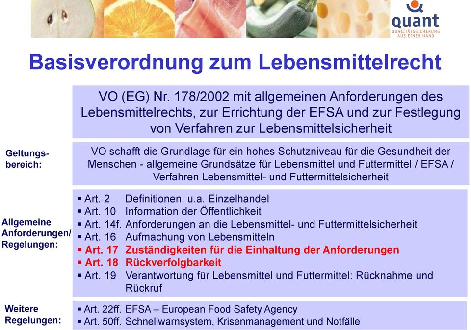 Regelungen: Weitere Regelungen: VO schafft die Grundlage für ein hohes Schutzniveau für die Gesundheit der Menschen - allgemeine Grundsätze für Lebensmittel und Futtermittel / EFSA / Verfahren