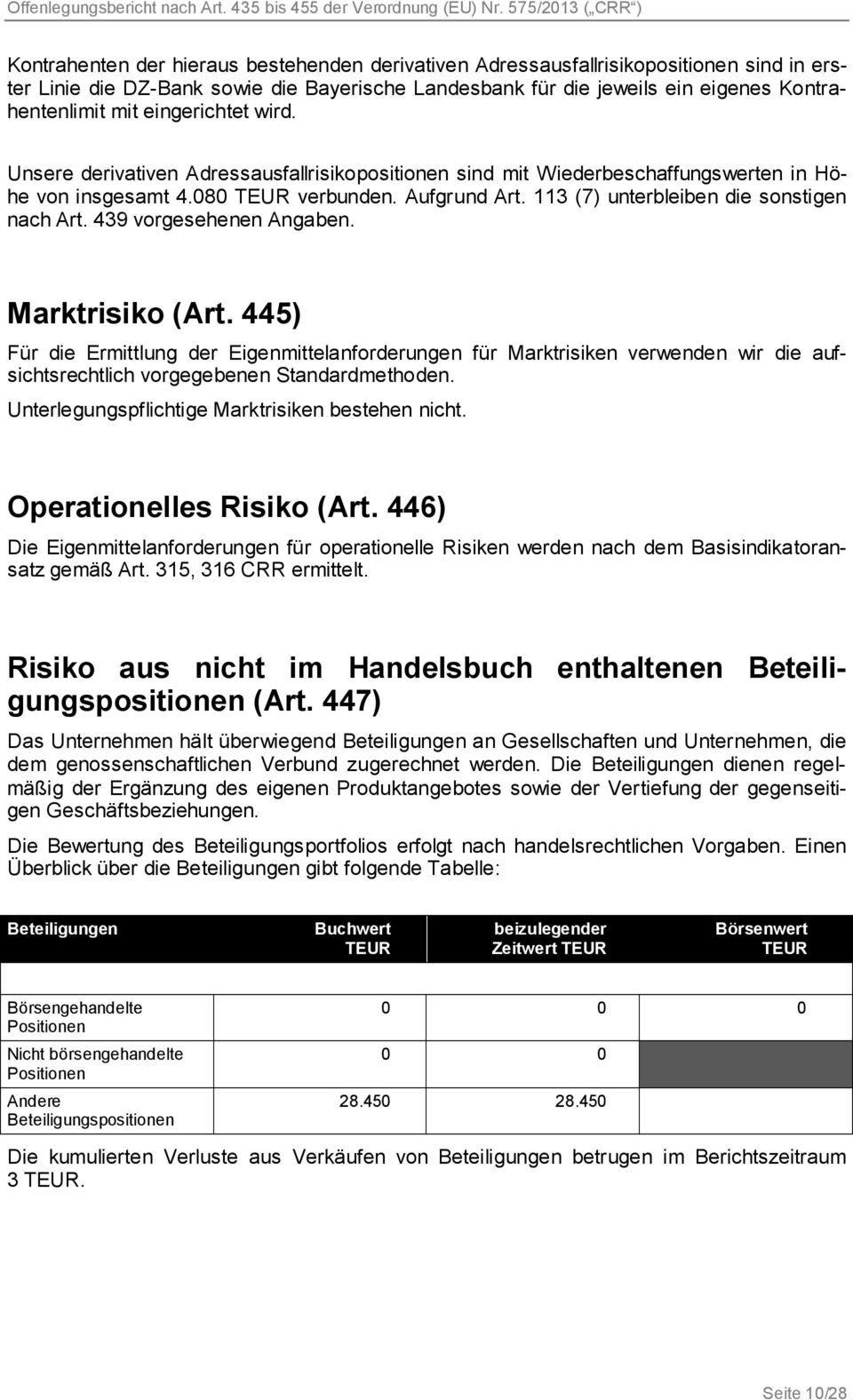 113 (7) unterbleiben die sonstigen nach Art. 439 vorgesehenen Angaben. Marktrisiko (Art.