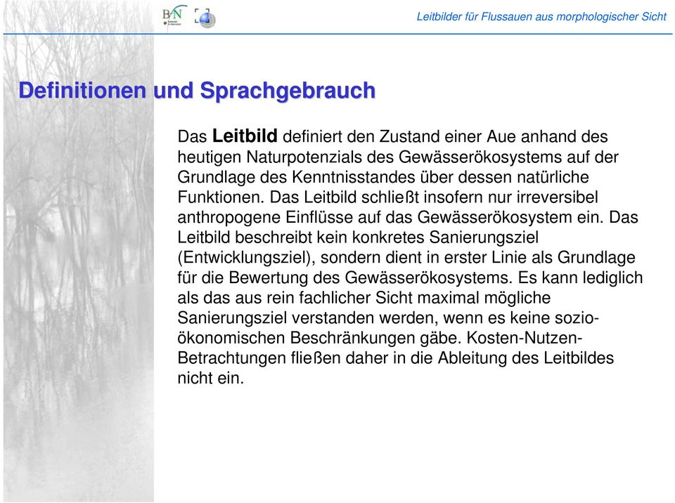 Das Leitbild beschreibt kein konkretes Sanierungsziel (Entwicklungsziel), sondern dient in erster Linie als Grundlage für die Bewertung des Gewässerökosystems.