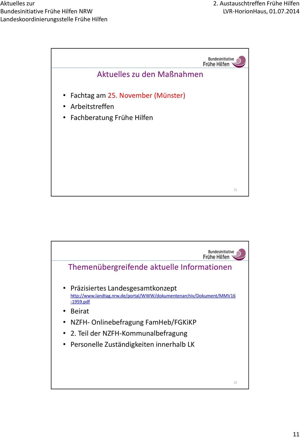 November (Münster) Arbeitstreffen Fachberatung Frühe Hilfen 21 Themenübergreifende aktuelle Informationen