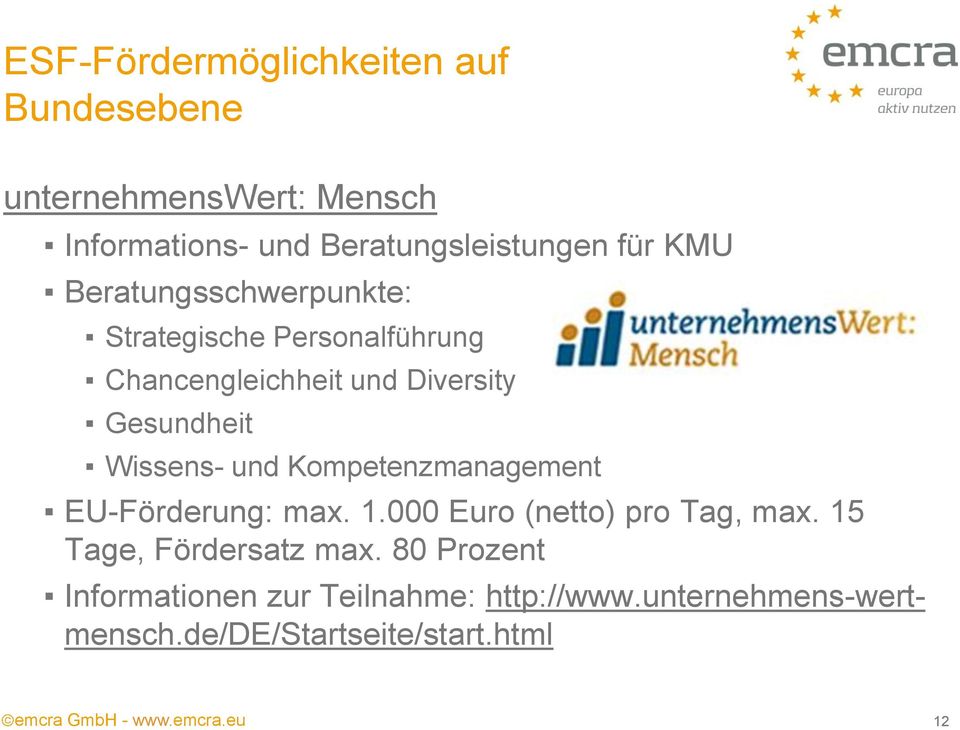 Wissens- und Kompetenzmanagement EU-Förderung: max. 1.000 Euro (netto) pro Tag, max.