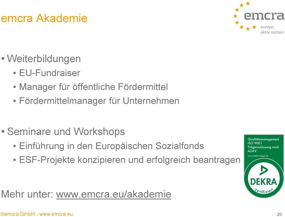 Seminare und Workshops Einführung in den Europäischen Sozialfonds