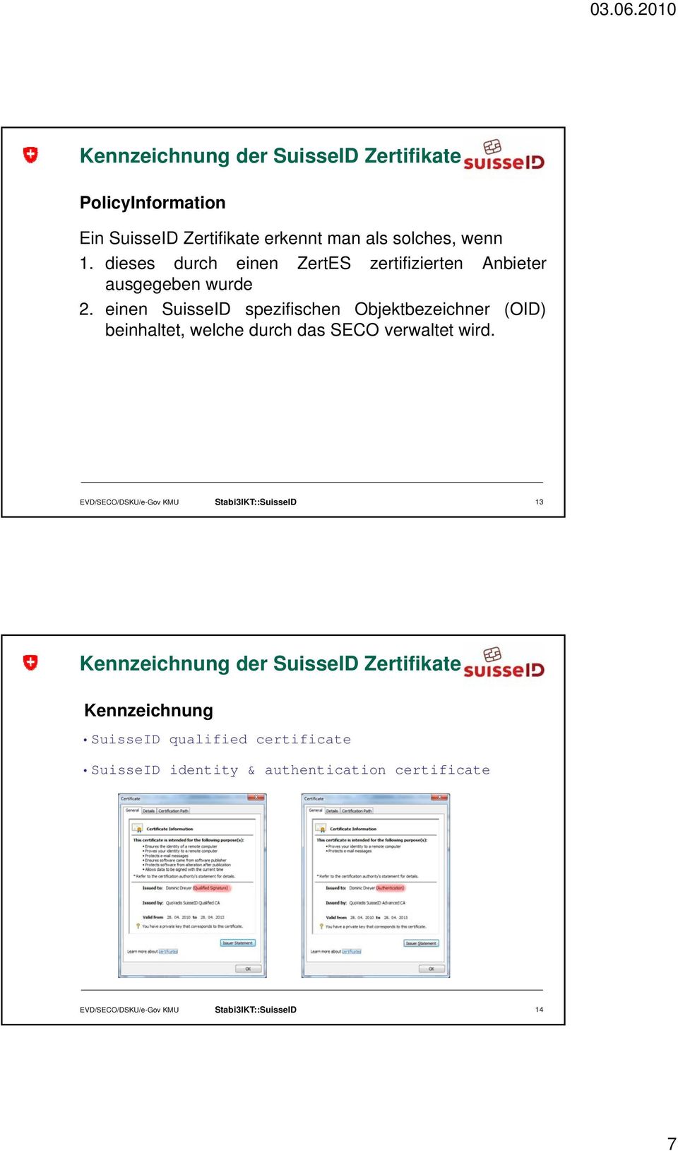 einen SuisseID spezifischen Objektbezeichner (OID) beinhaltet, welche durch das SECO verwaltet wird.