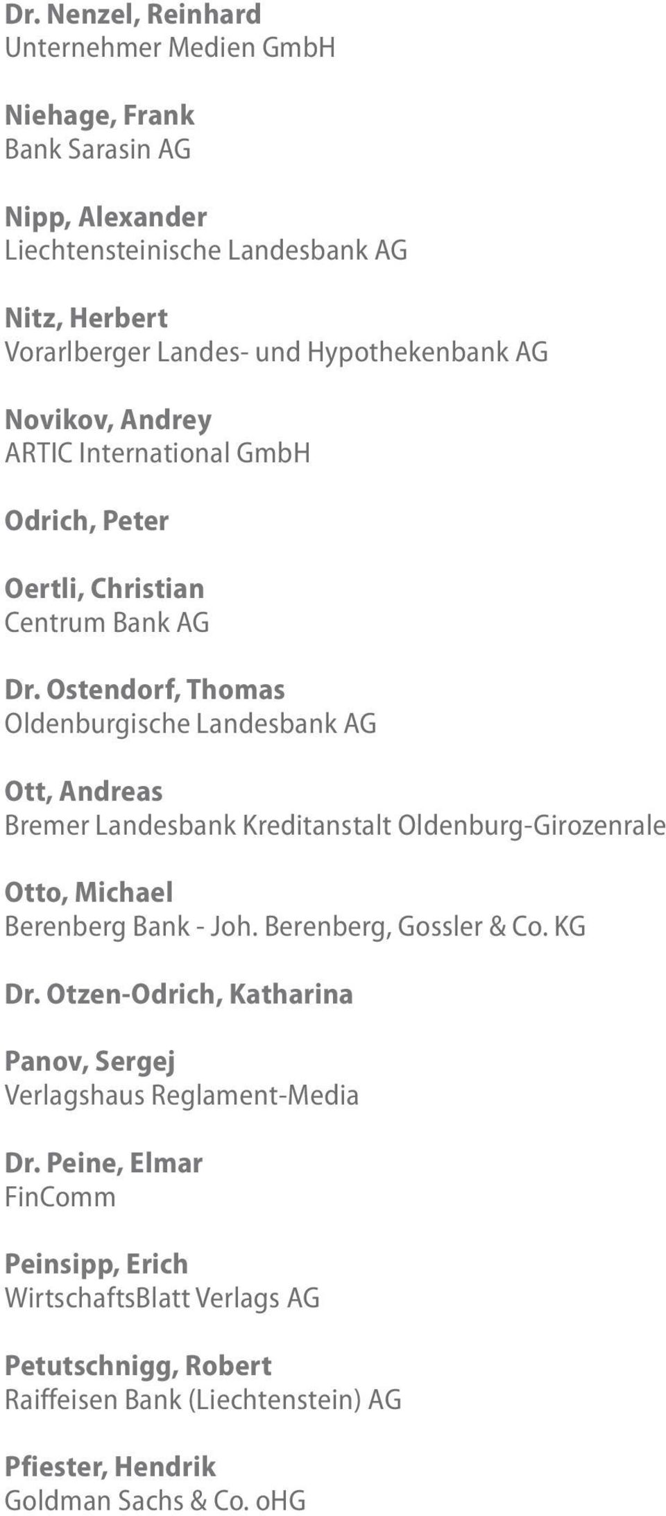 Ostendorf, Thomas Oldenburgische Landesbank AG Ott, Andreas Bremer Landesbank Kreditanstalt Oldenburg-Girozenrale Otto, Michael Berenberg Bank - Joh.