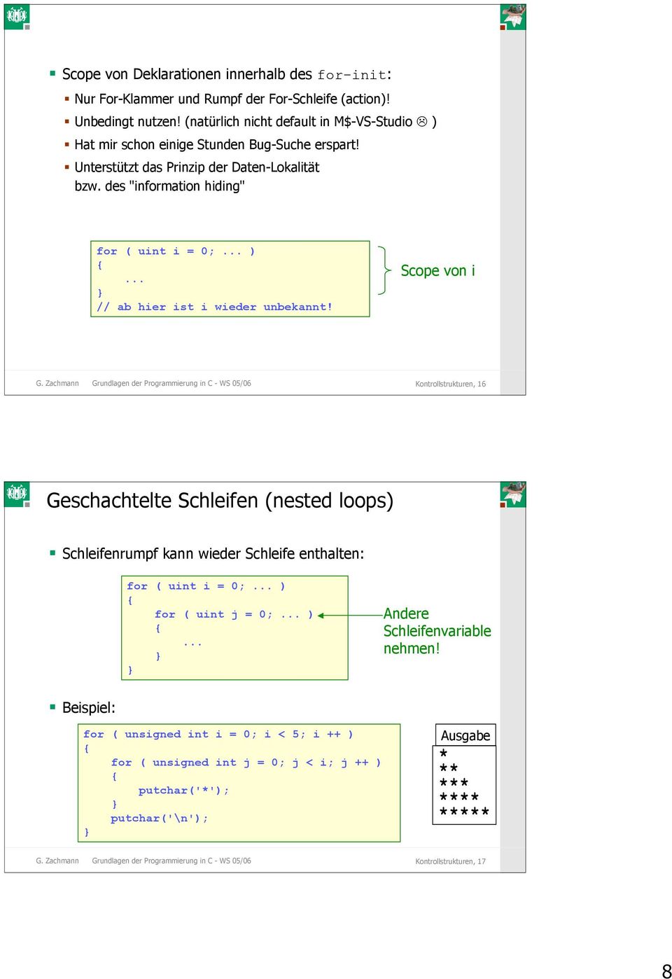 Scope von i G. Zachmann Grundlagen der Programmierung in C - WS 05/06 Kontrollstrukturen, 16 Geschachtelte Schleifen (nested loops) Schleifenrumpf kann wieder Schleife enthalten: for ( uint i = 0;.
