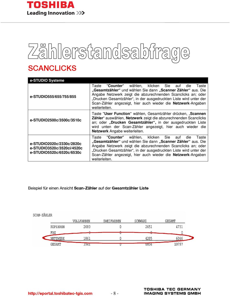 Die Angabe Netzwerk zeigt die abzurechnenden Scanclicks an; oder Drucken Gesamtzähler, in der ausgedruckten Liste wird unter der Scan-Zähler angezeigt, hier auch wieder die Netzwerk-Angaben