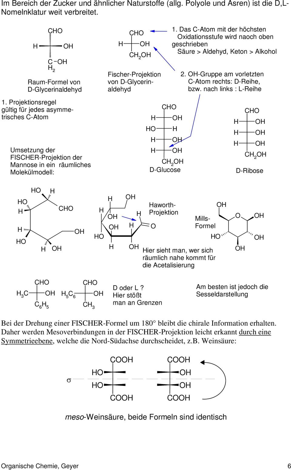 Projektionsregel gültig für jedes asymmetrisches -Atom Umsetzung der FIE-Projektion der Mannose in ein räumliches Molekülmodell: D-Glucose D-ibose aworth- Projektion Mills- Formel ier sieht man, wer