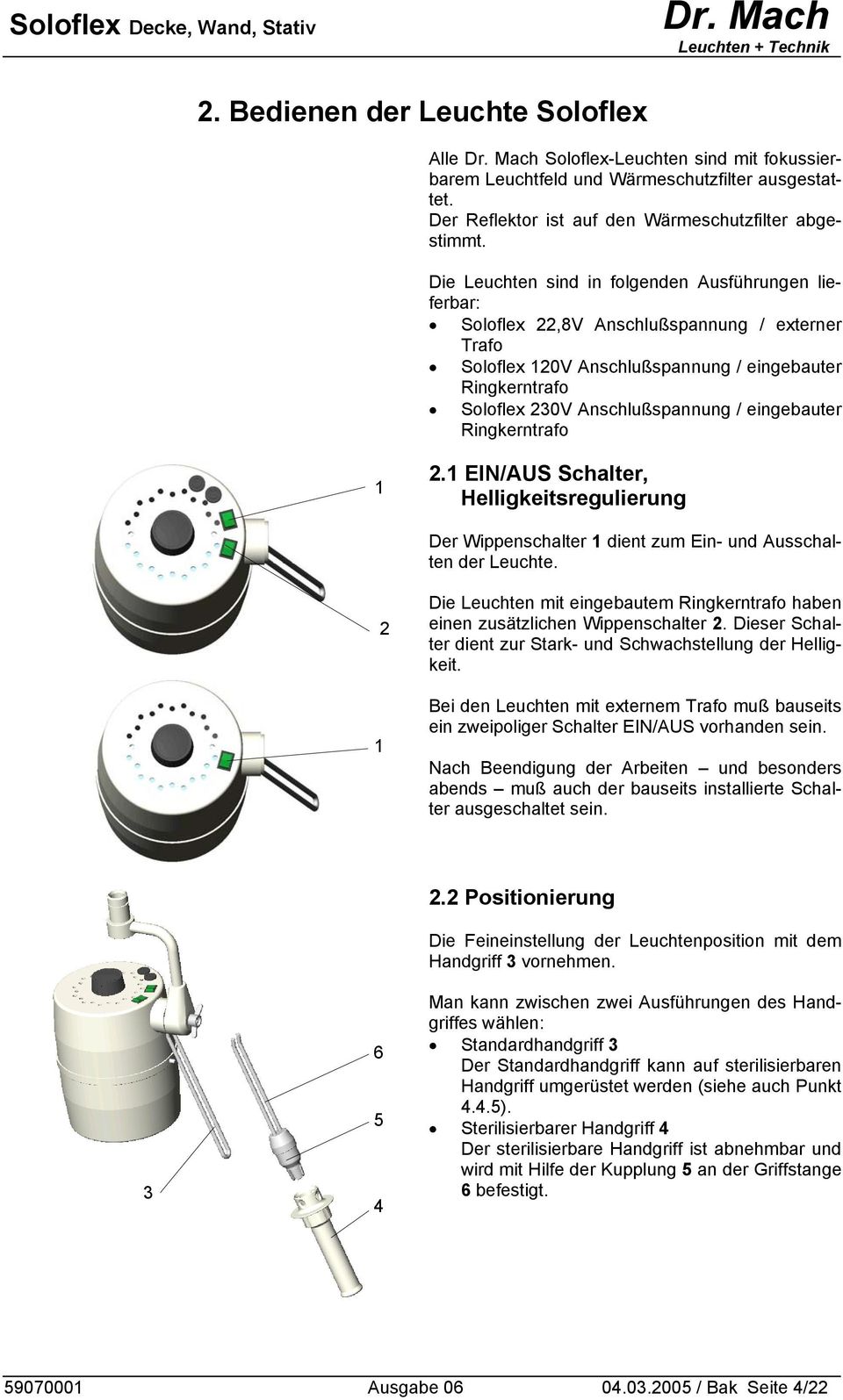 eingebauter Ringkerntrafo 1 2.1 EIN/AUS Schalter, Helligkeitsregulierung Der Wippenschalter 1 dient zum Ein- und Ausschalten der Leuchte.