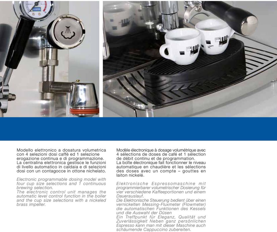 Electronic programmable dosing model with four cup size selections and 1 continuous brewing selection.