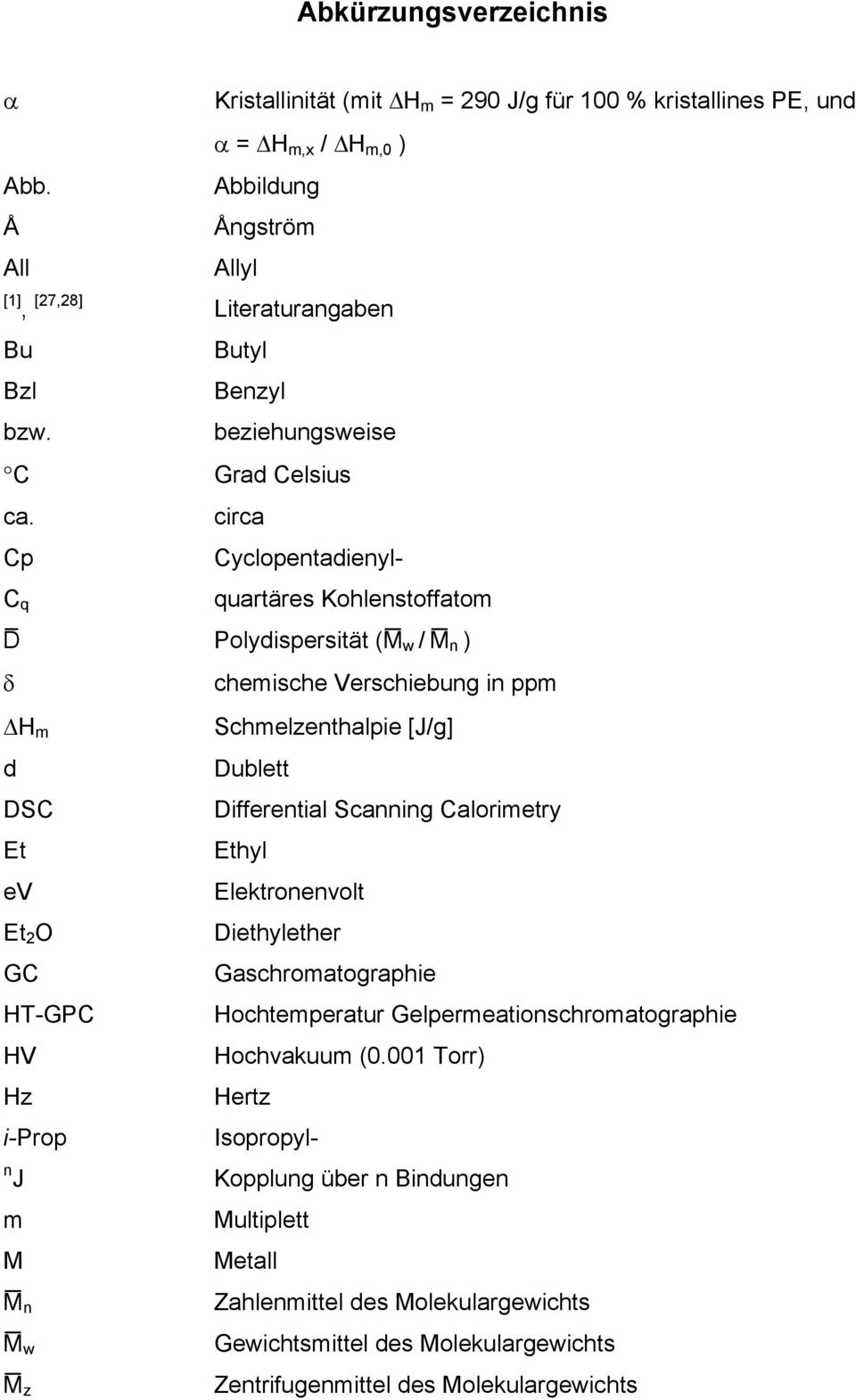 circa Cp Cyclopentadienyl- D Polydispersität (M w / M n ) δ chemische erschiebung in ppm H m Schmelzenthalpie [J/g] d Dublett DSC Differential Scanning Calorimetry Et Ethyl e Elektronenvolt Et
