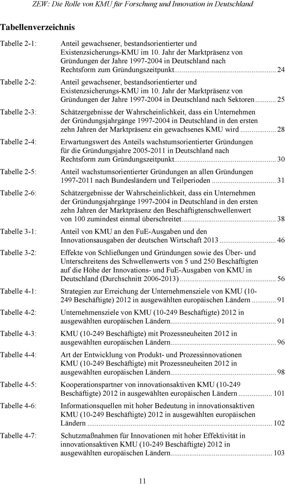 .. 24 Tabelle 2-2: Anteil gewachsener, bestandsorientierter und Existenzsicherungs-KMU im 10. Jahr der Marktpräsenz von Gründungen der Jahre 1997-2004 in Deutschland nach Sektoren.