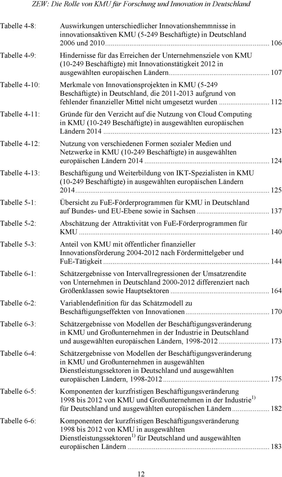 .. 107 Tabelle 4-10: Merkmale von Innovationsprojekten in KMU (5-249 Beschäftigte) in Deutschland, die 2011-2013 aufgrund von fehlender finanzieller Mittel nicht umgesetzt wurden.