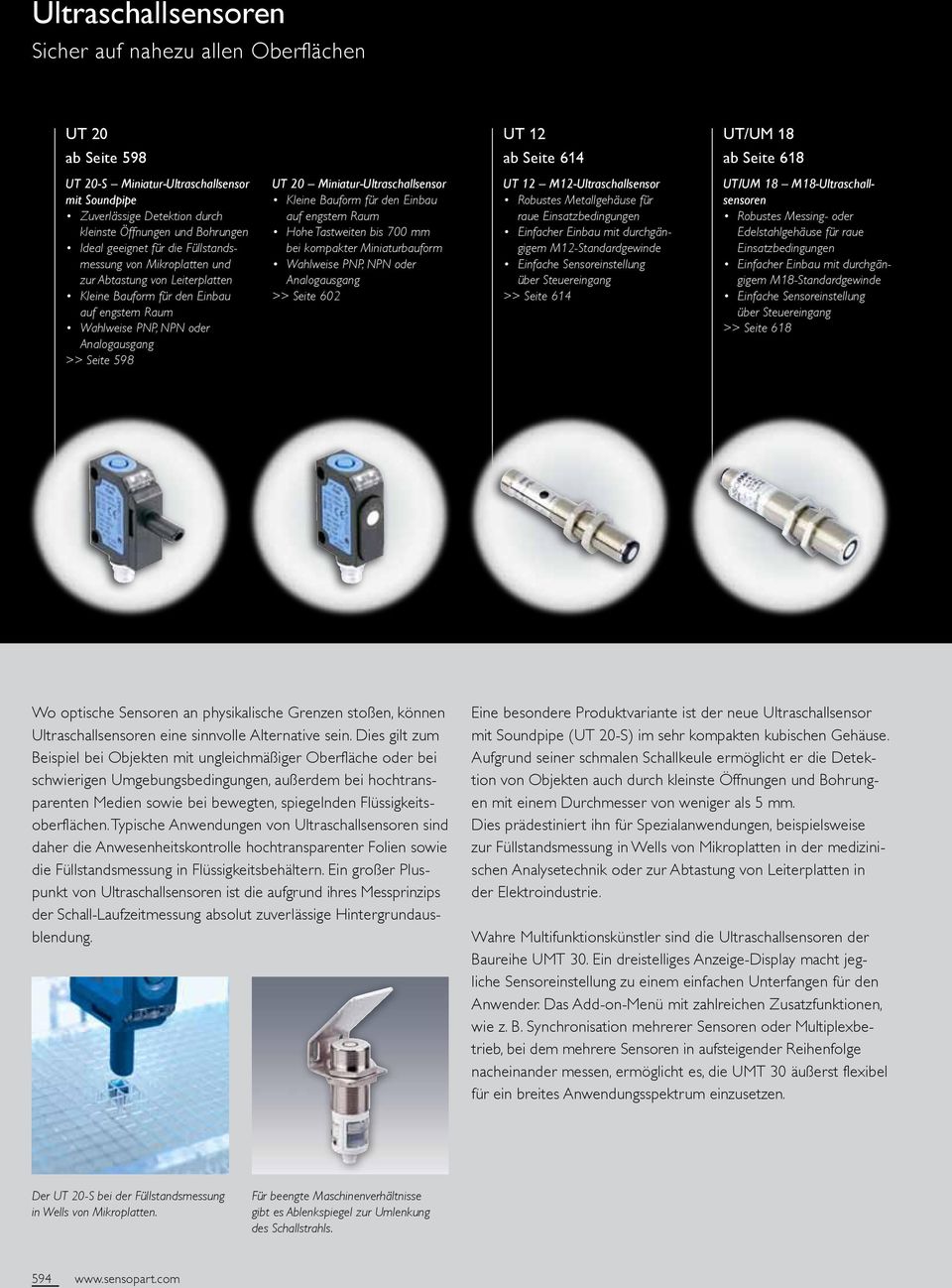 Analogausgang >> Seite 598 UT 0 Miniatur-Ultraschallsensor Kleine Bauform für den Einbau auf engstem Raum Hohe Tastweiten bis 70 bei kompakter Miniaturbauform Wahlweise PNP, NPN oder Analogausgang >>