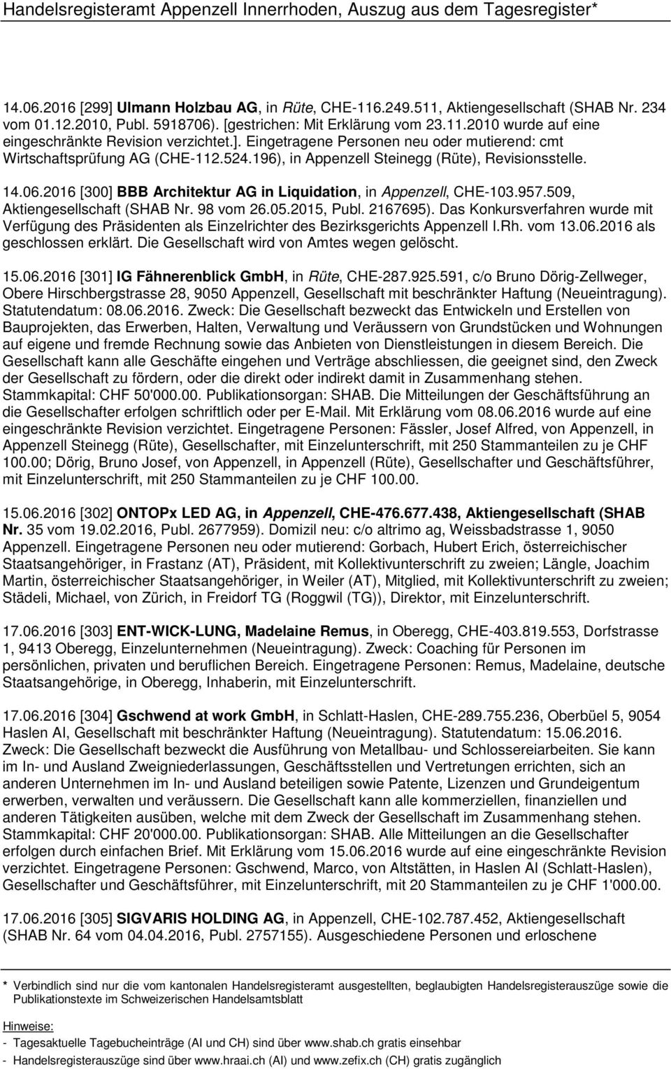 2016 [300] BBB Architektur AG in Liquidation, in Appenzell, CHE-103.957.509, Aktiengesellschaft (SHAB Nr. 98 vom 26.05.2015, Publ. 2167695).