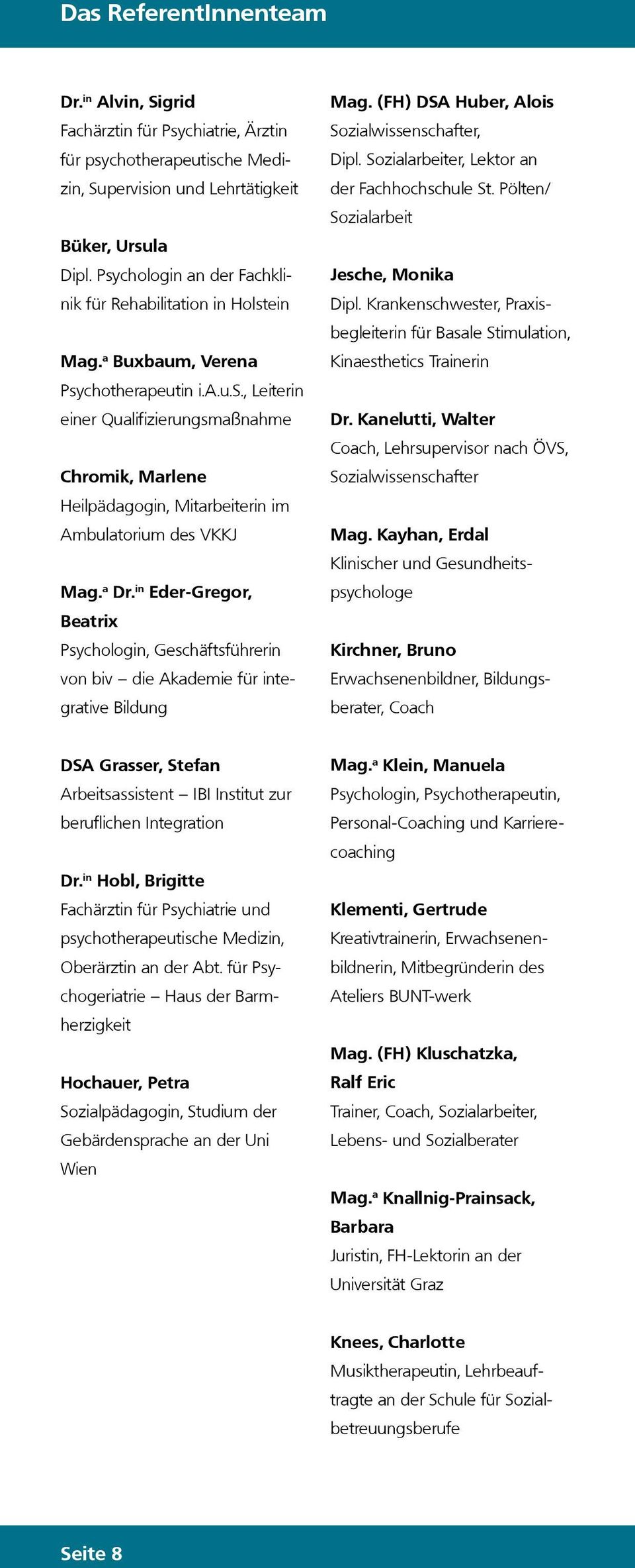 a Dr. in Eder-Gregor, Beatrix Psychoogin, Geschäftsführerin von biv die Akademie für integrative Bidung Mag. (FH) DSA Huber, Aois Soziawissenschafter, Dip.
