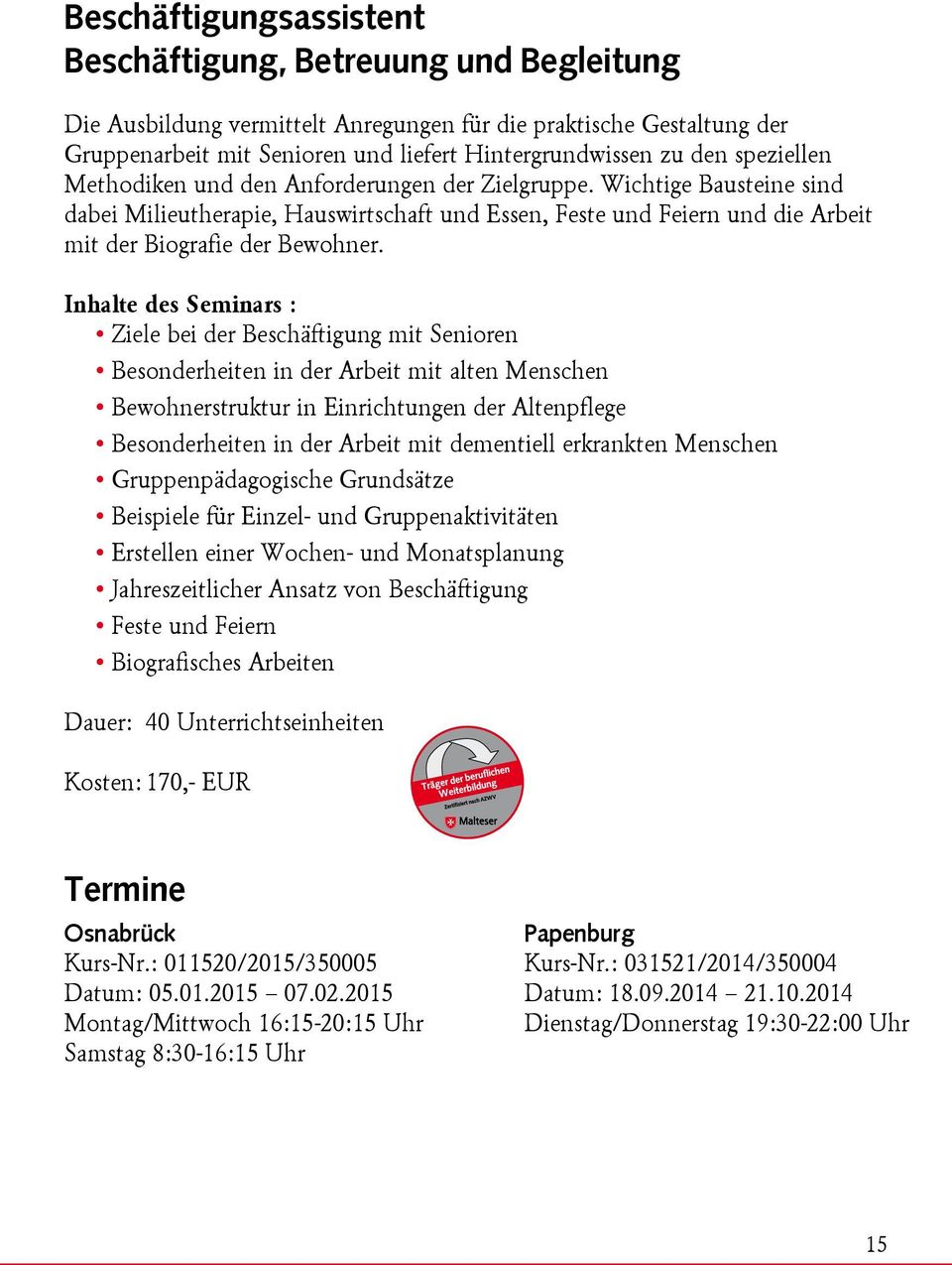 Malteser Hilfsdienst E V Fortbildungsprogramm 20142015