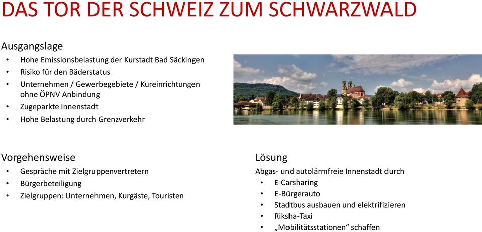 Vorgehensweise Gespräche mit Zielgruppenvertretern Bürgerbeteiligung Zielgruppen: Unternehmen, Kurgäste, Touristen Lösung Abgas-