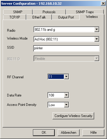 Ansicht TCP/IP Konfiguration Ansicht Wireless Konfiguration Um einen einwandfreien Dauerbetrieb zu gewährleisten wird empfohlen die IP-Adresse des Printservers statisch einzustellen.
