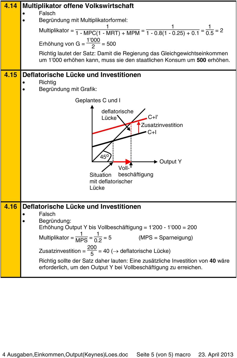 5 Deflatorische Lücke und Investitionen Geplantes C und I deflatorische Lücke C+I' Zusatzinvestition C+I Vollbeschäftigung Situation mit deflatorischer Lücke 4.