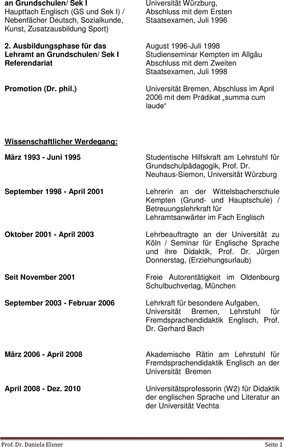 ) Universität Würzburg, Abschluss mit dem Ersten Staatsexamen, Juli 1996 August 1996-Juli 1998 Studienseminar Kempten im Allgäu Abschluss mit dem Zweiten Staatsexamen, Juli 1998 Universität Bremen,