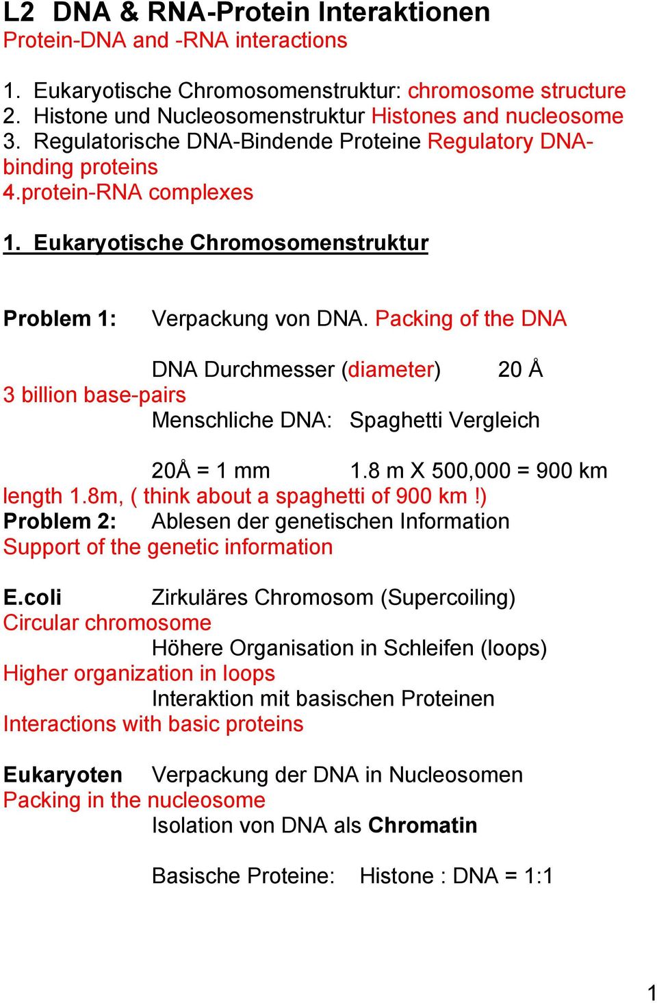 Packing of the DNA DNA Durchmesser (diameter) 20 Å 3 billion base-pairs Menschliche DNA: Spaghetti Vergleich 20Å = 1 mm 1.8 m X 500,000 = 900 km length 1.8m, ( think about a spaghetti of 900 km!