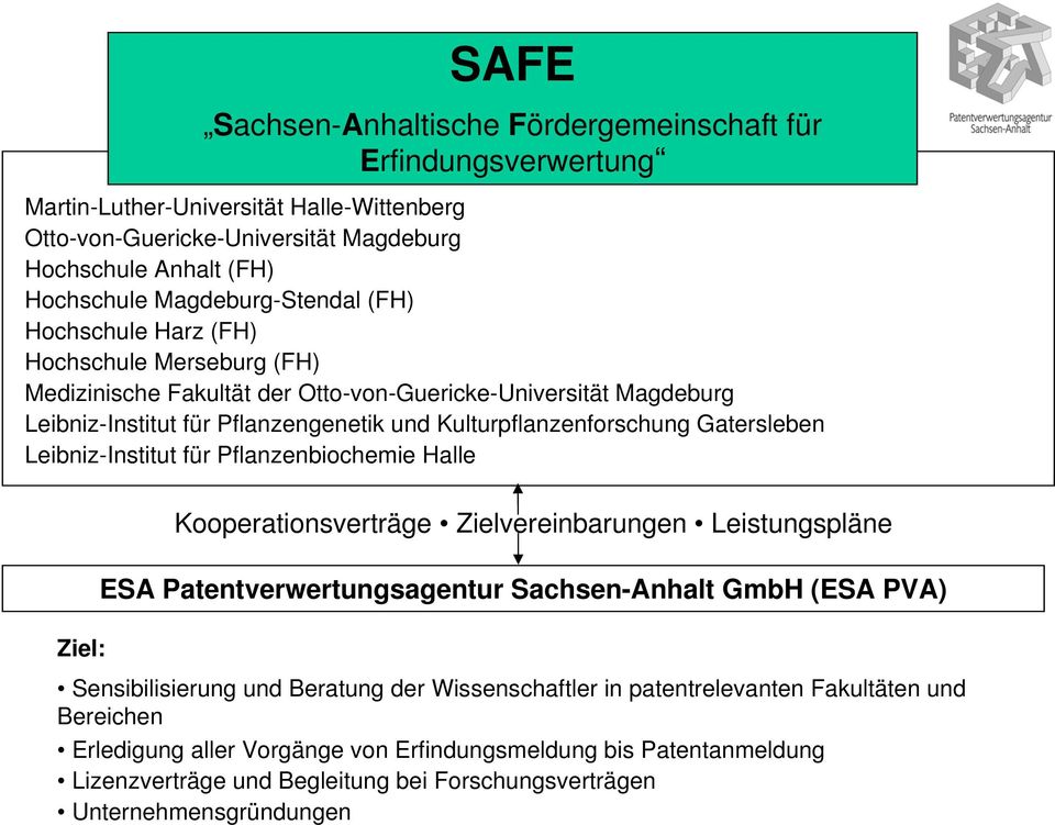 Kulturpflanzenforschung Gatersleben Leibniz-Institut für Pflanzenbiochemie Halle Ziel: Kooperationsverträge Zielvereinbarungen Leistungspläne ESA Patentverwertungsagentur Sachsen-Anhalt GmbH (ESA