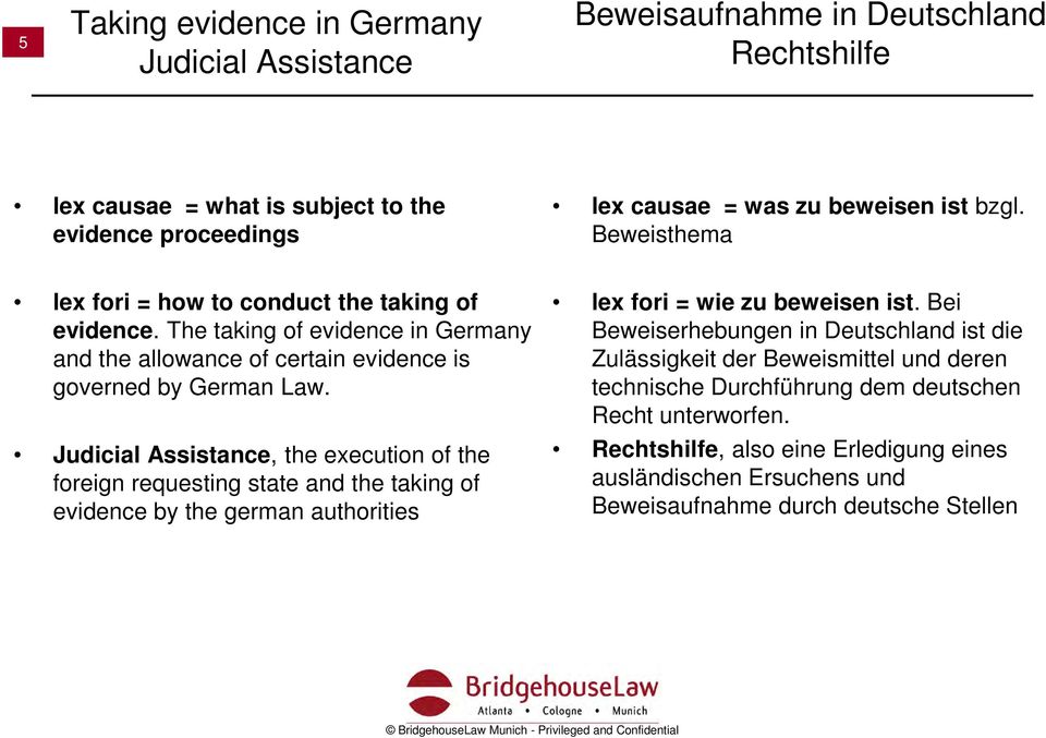 Judicial Assistance, the execution of the foreign requesting state and the taking of evidence by the german authorities lex fori = wie zu beweisen ist.