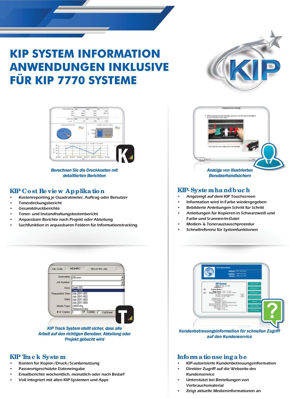 Anzeige von illustrierten Benutzerhandbüchern KIP-Systemhandbuch Angezeigt auf dem KIP Touchscreen Information wird in Farbe wiedergegeben Bebilderte Anleitungen Schritt für Schritt Anleitungen für