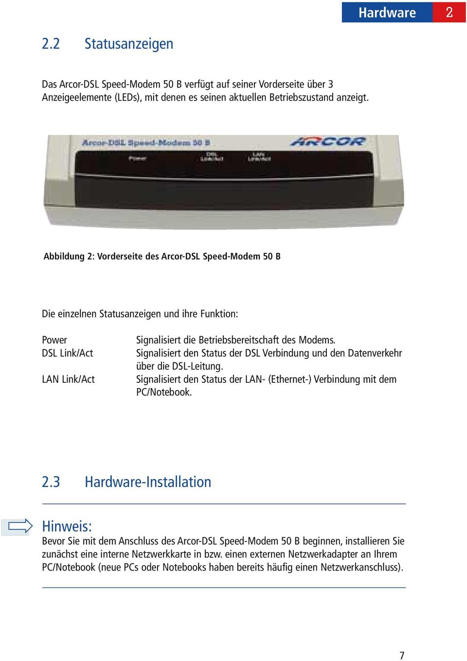 Signalisiert den Status der DSL Verbindung und den Datenverkehr über die DSL-Leitung. Signalisiert den Status der LAN- (Ethernet-) Verbindung mit dem PC/Notebook. 2.