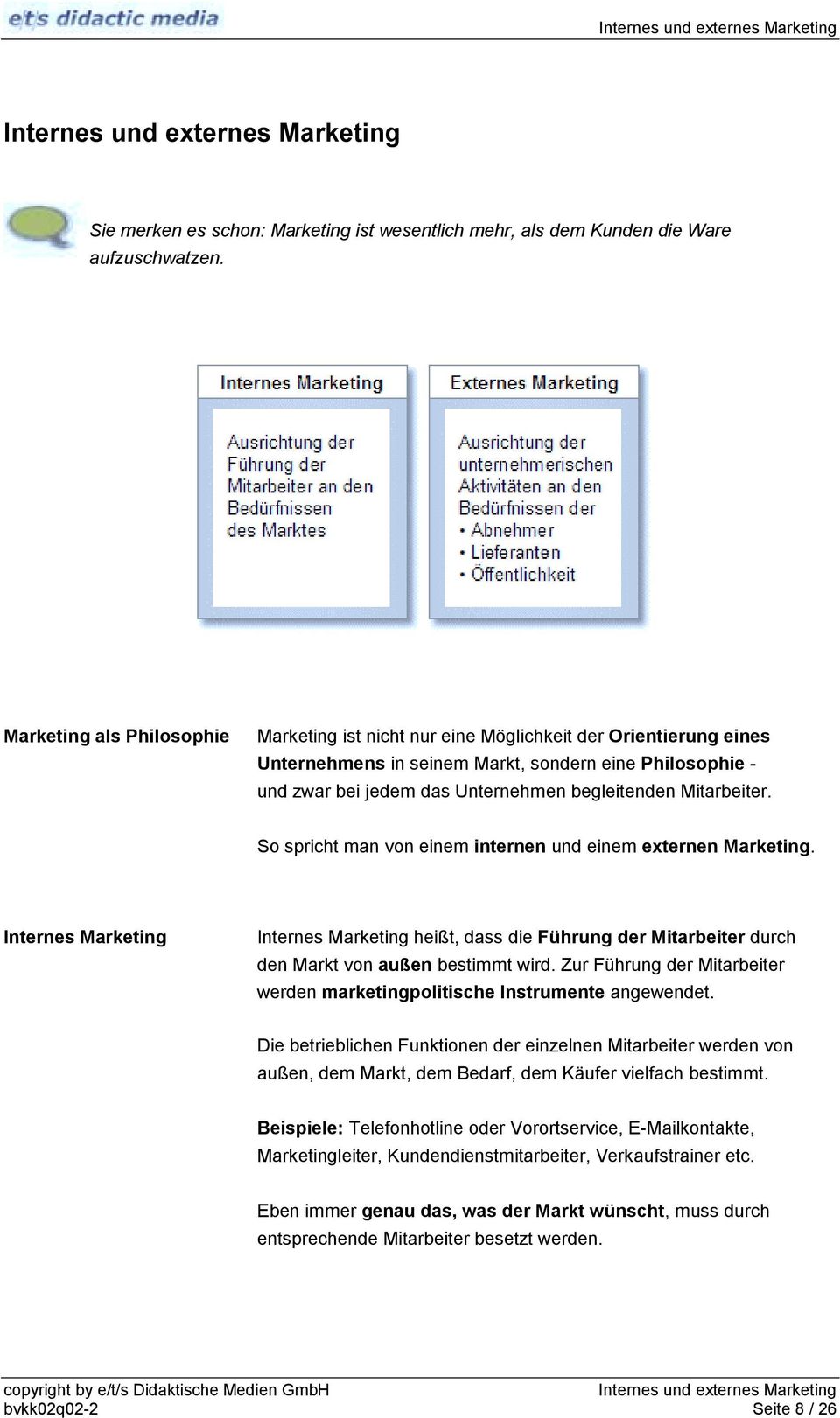 Mitarbeiter. So spricht man von einem internen und einem externen Marketing. Internes Marketing Internes Marketing heißt, dass die Führung der Mitarbeiter durch den Markt von außen bestimmt wird.