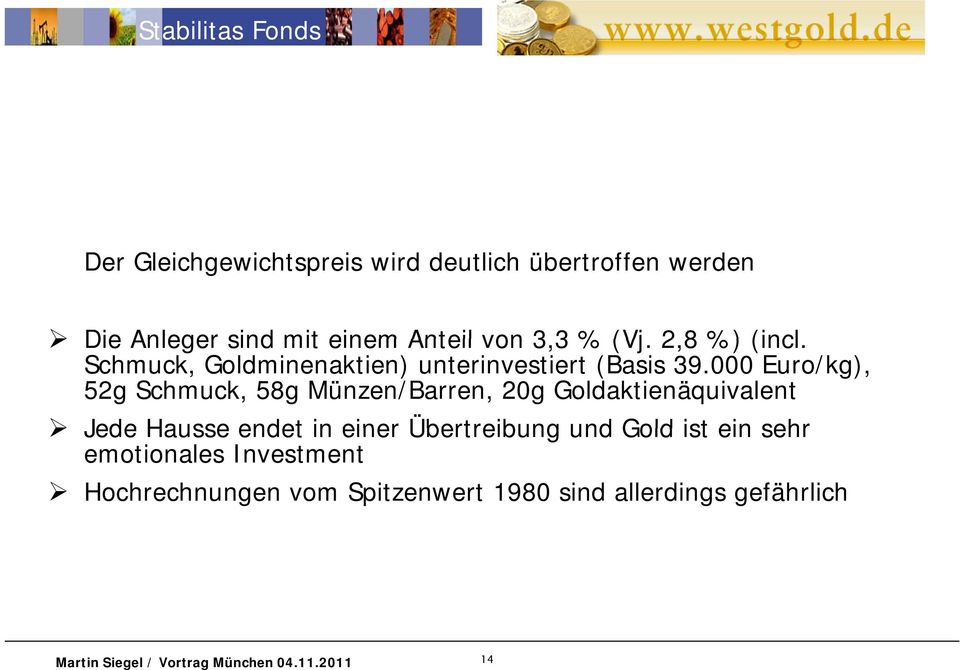 000 Euro/kg), 52g Schmuck, 58g Münzen/Barren, 20g Goldaktienäquivalent Jede Hausse endet in einer