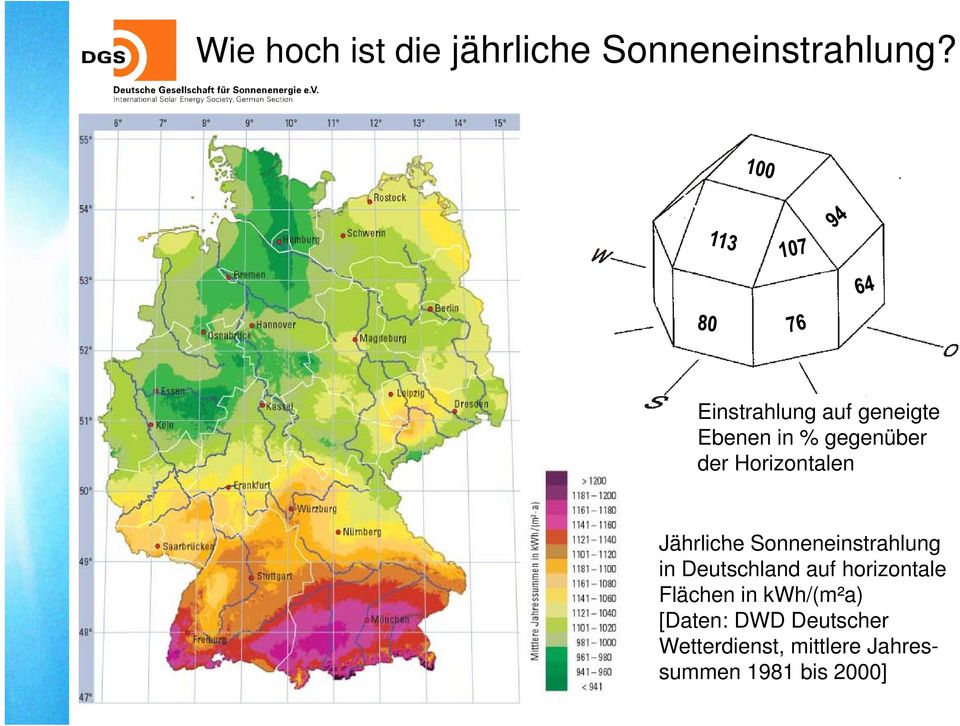 Jährliche Sonneneinstrahlung in Deutschland auf horizontale