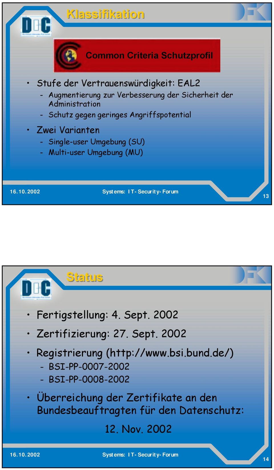 Umgebung (MU) 13 Status Fertigstellung: 4. Sept. 2002 Zertifizierung: 27. Sept. 2002 Registrierung (http://www.bsi.bund.