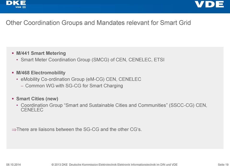 Smart Cities (new) Coordination Group Smart and Sustainable Cities and Communities (SSCC-CG) CEN, CENELEC There are liaisons