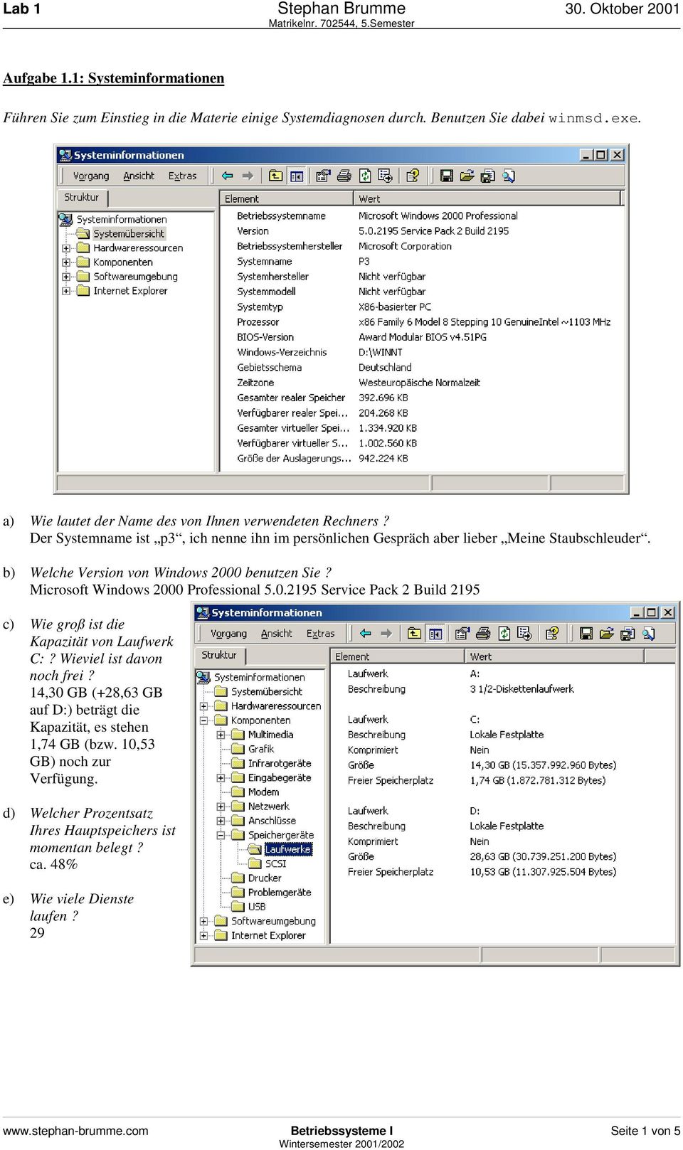 b) Welche Version von Windows 2000 benutzen Sie? Microsoft Windows 2000 Professional 5.0.2195 Service Pack 2 Build 2195 c) Wie groß ist die Kapazität von Laufwerk C:?