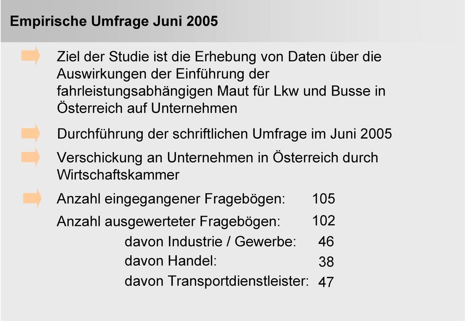 im Juni 2005 Verschickung an Unternehmen in Österreich durch Wirtschaftskammer Anzahl eingegangener Fragebögen: 105