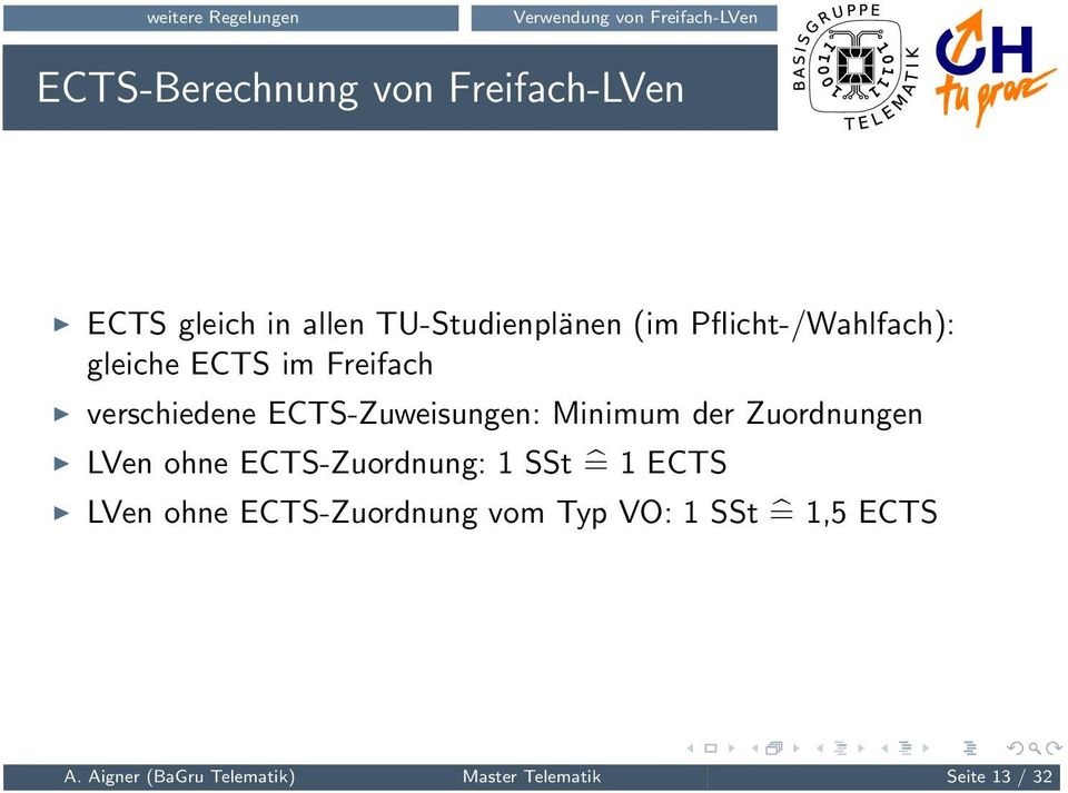 ECTS-Zuweisungen: Minimum der Zuordnungen LVen ohne ECTS-Zuordnung: 1 SSt = 1 ECTS LVen ohne