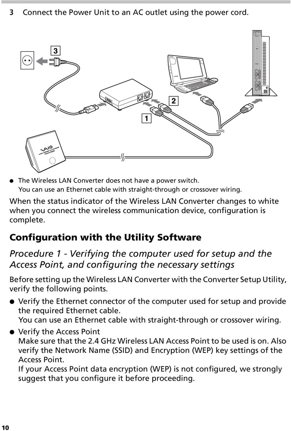 Configuration with the Utility Software Procedure 1 - Verifying the computer used for setup and the Access Point, and configuring the necessary settings Before setting up the Wireless LAN Converter