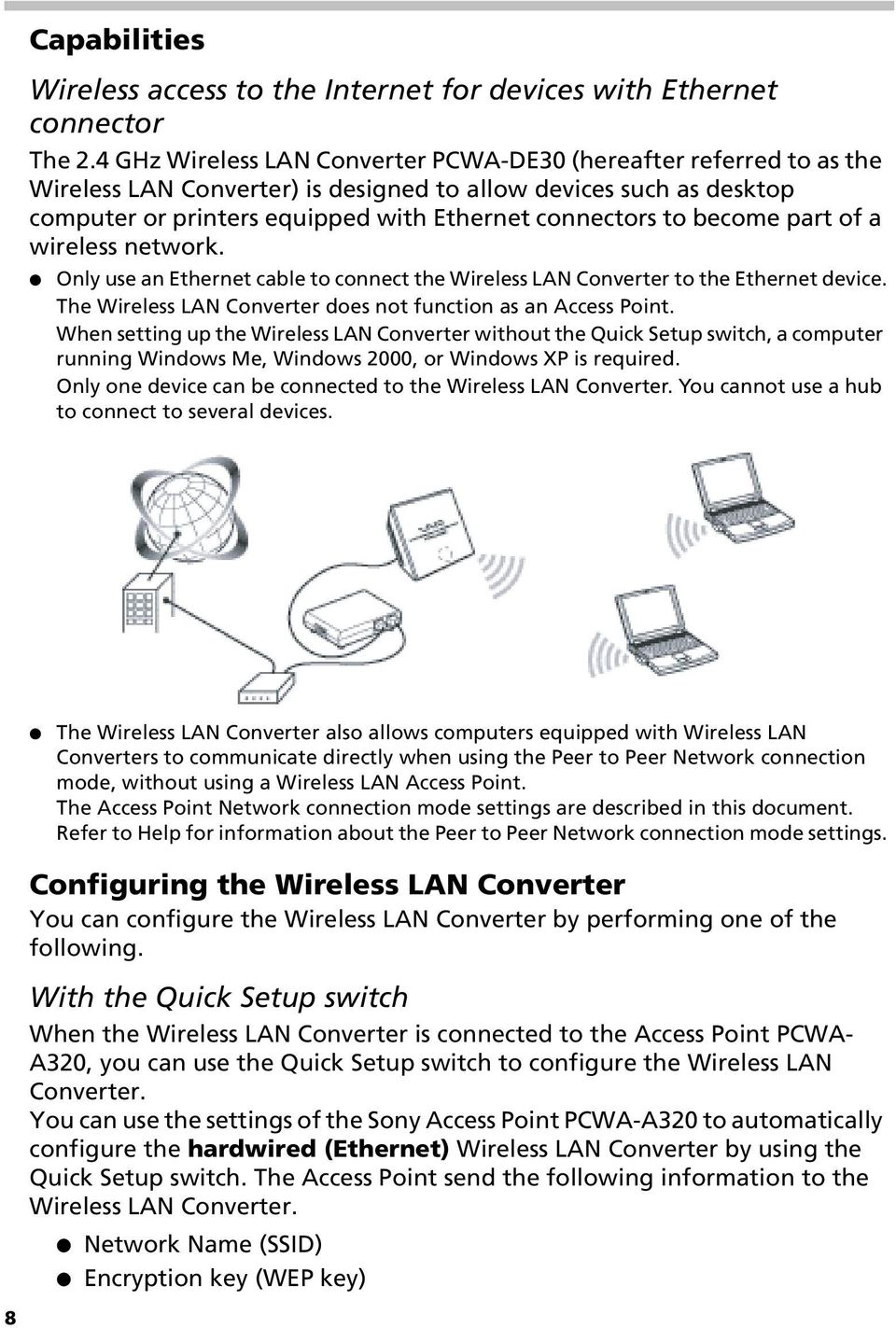become part of a wireless network. Only use an Ethernet cable to connect the Wireless LAN Converter to the Ethernet device. The Wireless LAN Converter does not function as an Access Point.