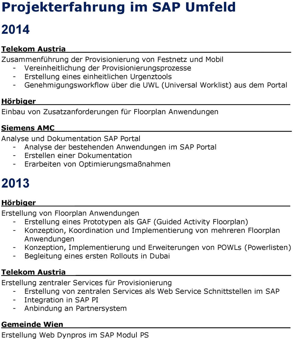 Anwendungen im SAP Portal - Erstellen einer Dokumentation - Erarbeiten von Optimierungsmaßnahmen 2013 Hörbiger Erstellung von Floorplan Anwendungen - Erstellung eines Prototypen als GAF (Guided