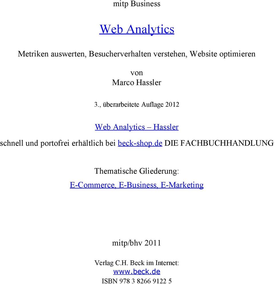 , überarbeitete Auflage 2012 Web Analytics Hassler schnell und portofrei erhältlich bei
