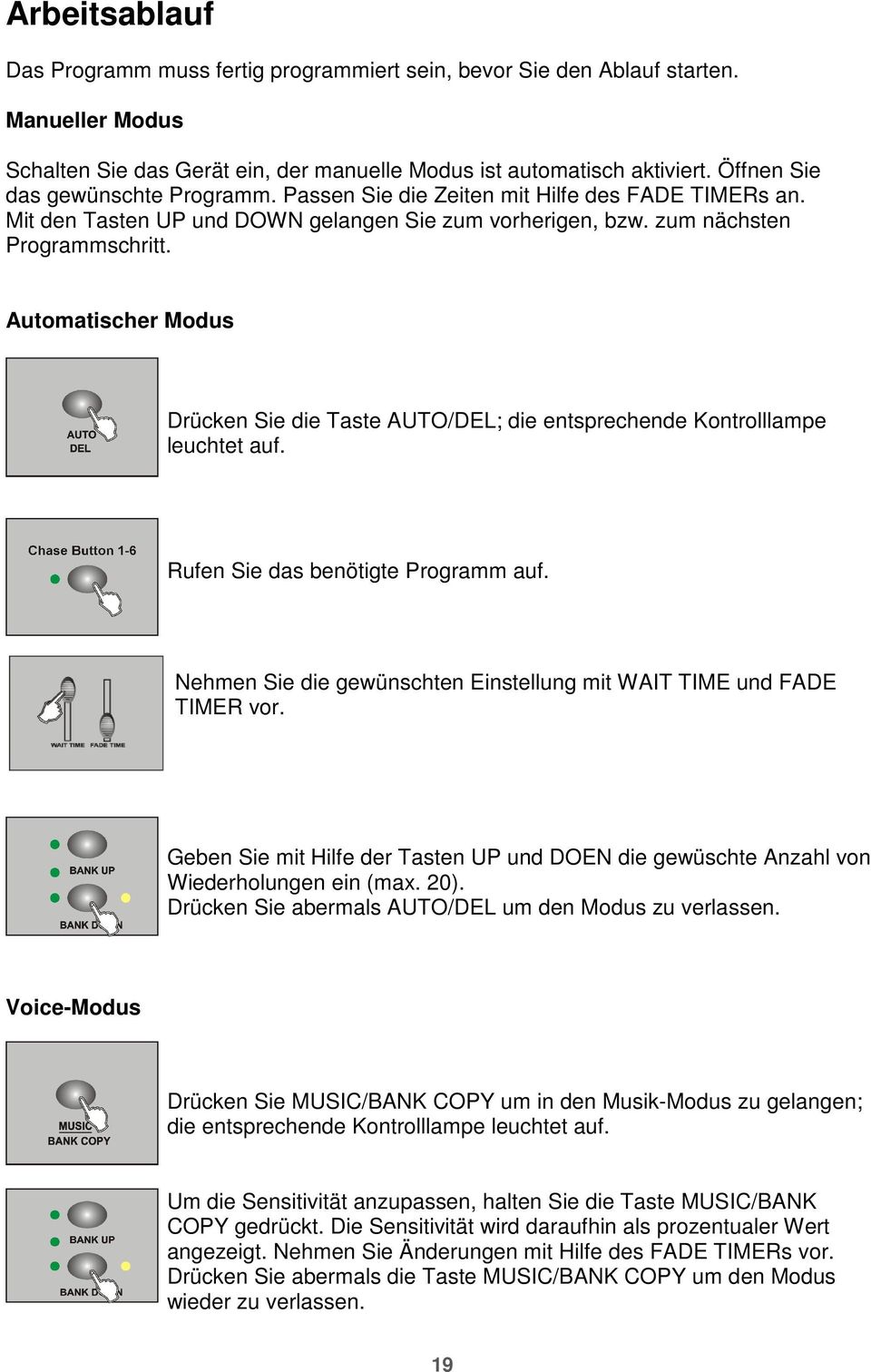 Automatischer Modus Drücken Sie die Taste AUTO/DEL; die entsprechende Kontrolllampe leuchtet auf. Rufen Sie das benötigte Programm auf.