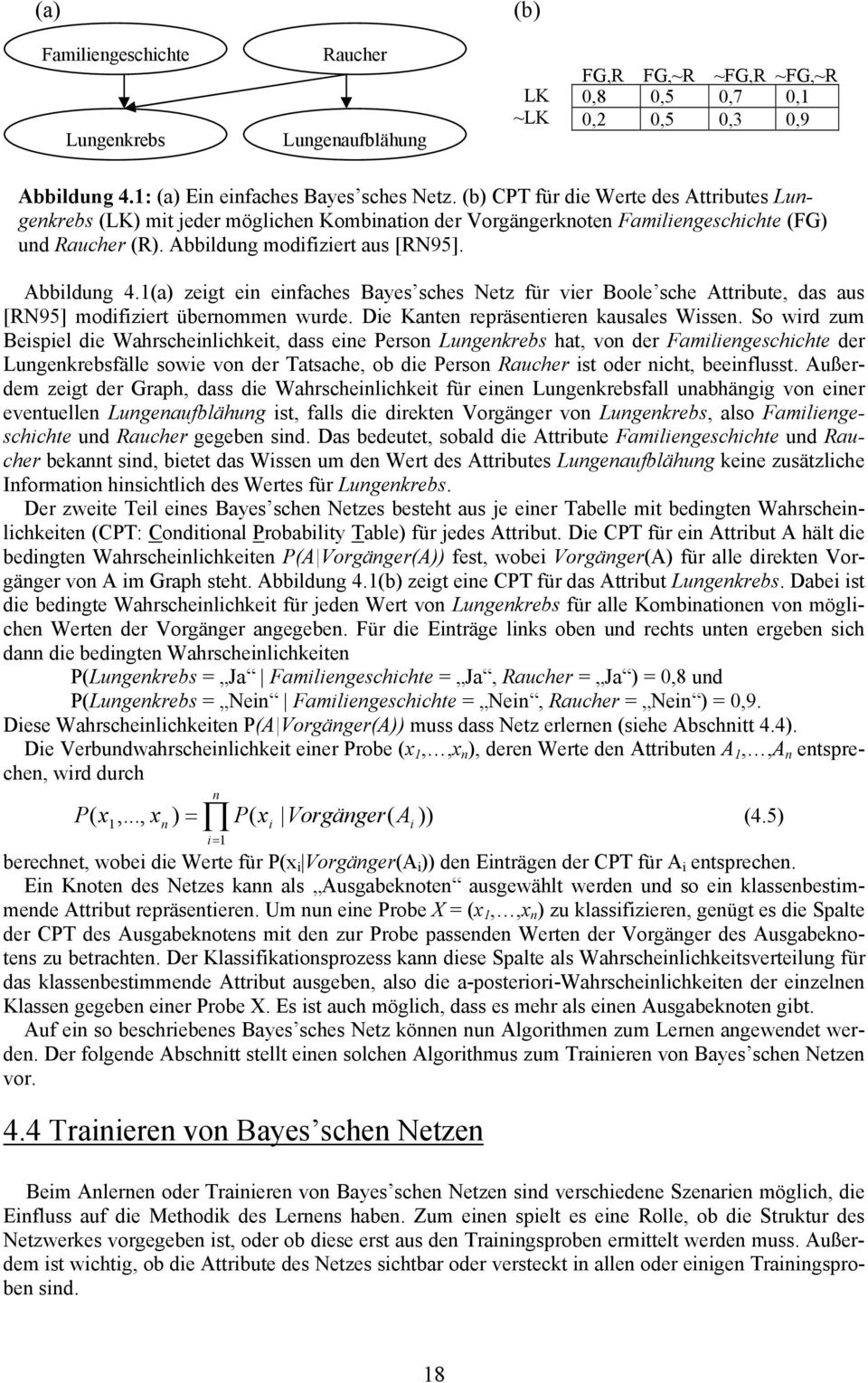 1(a) zeigt ein einfaches Bayes sches Netz für vier Boole sche Attribute, das aus [RN95] modifiziert übernommen wurde. Die Kanten repräsentieren kausales Wissen.